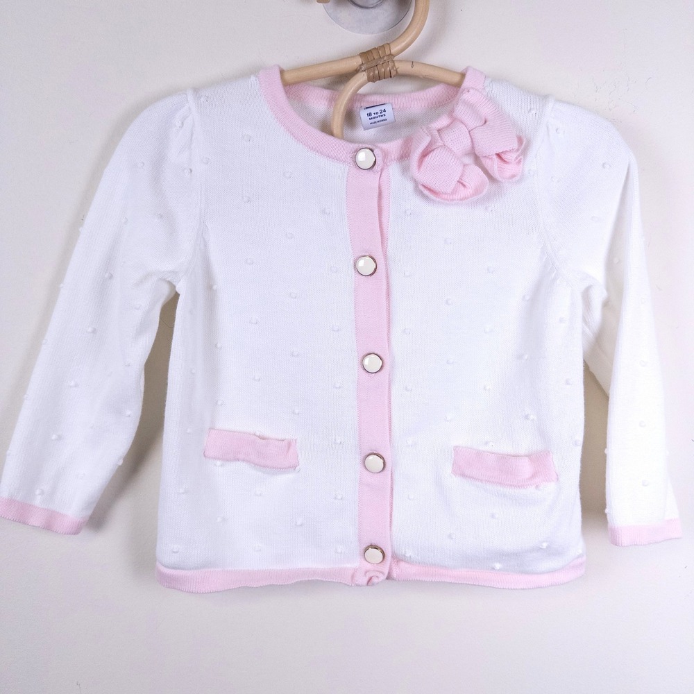Janie and Jack Cardigan Kids 18-24M White Pink Bow Pointelle Knitβ Sweater
